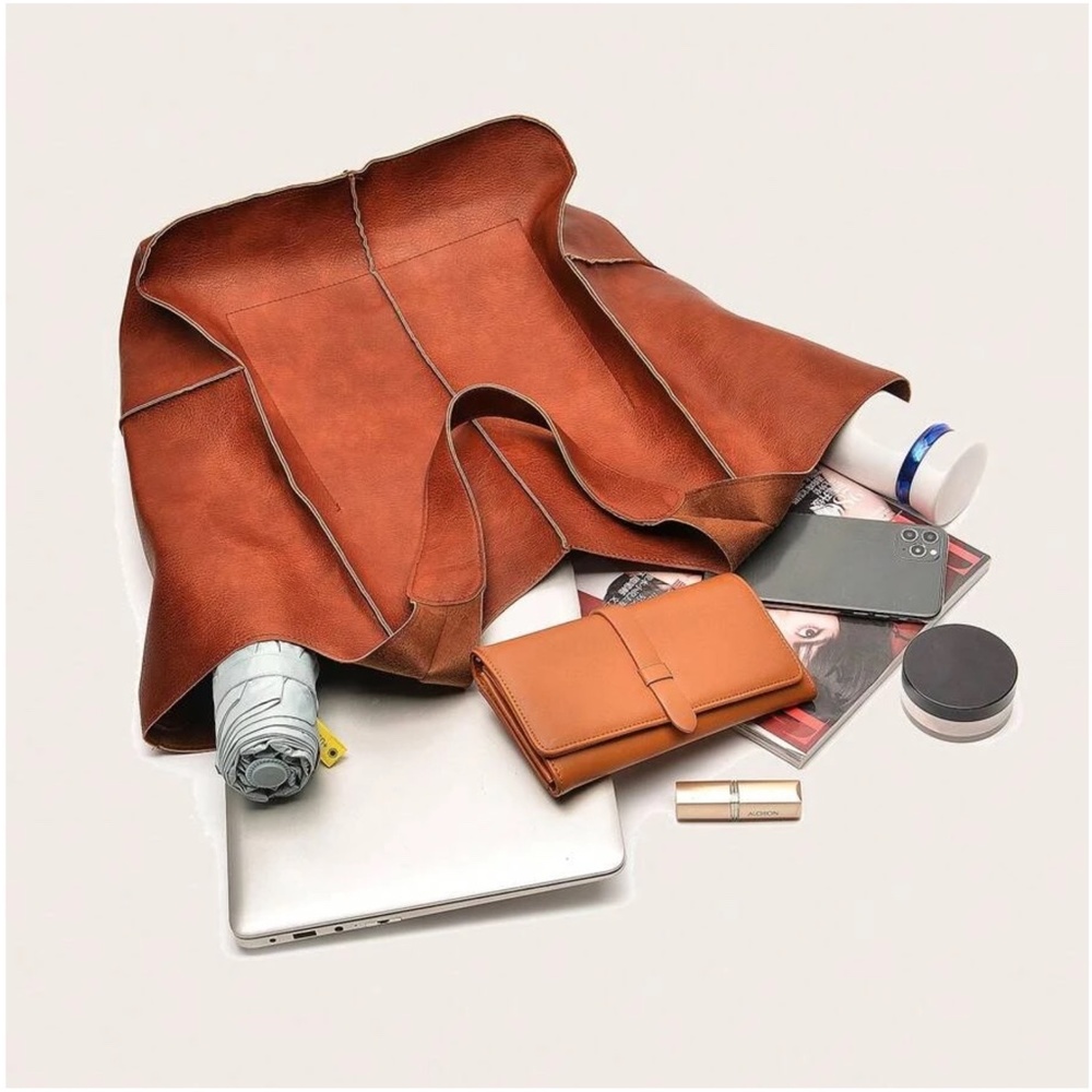 Luxe Vegan Leather Minimalist Oversized Tote Bag - Picture 6 of 12